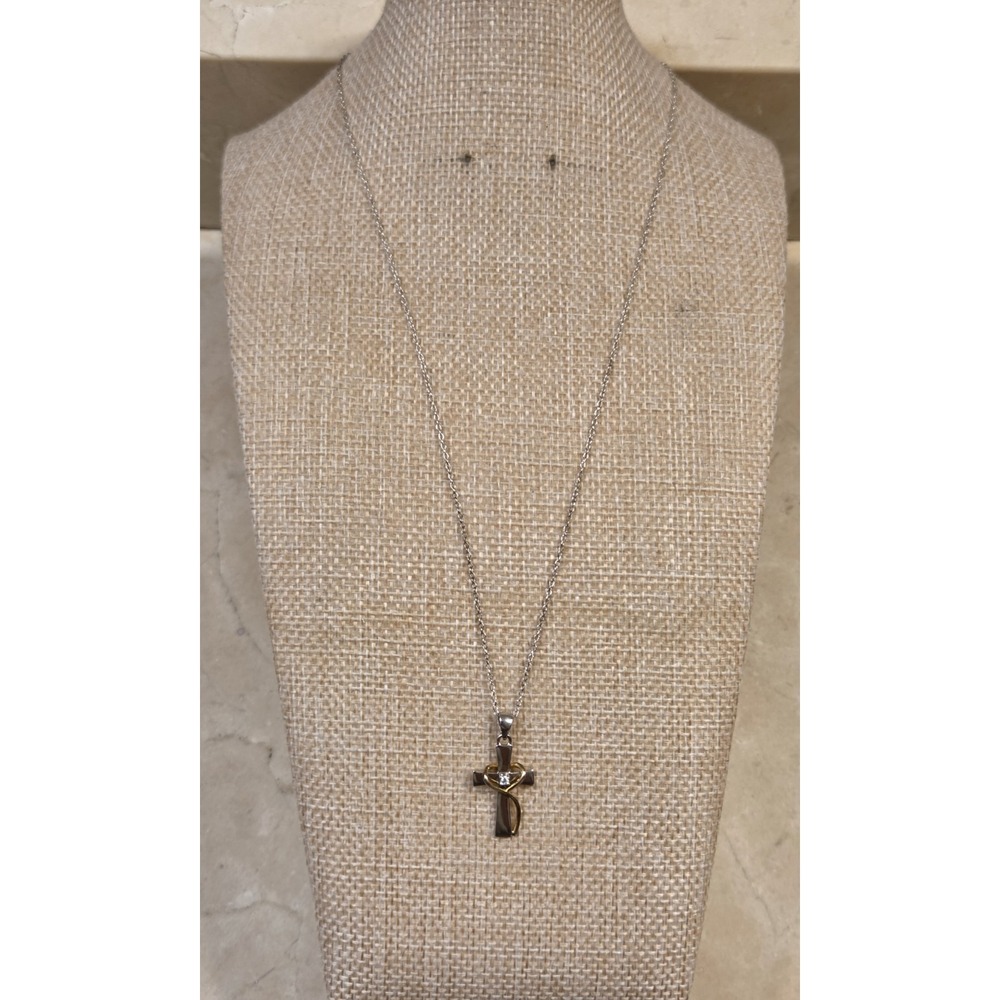 Elegant Sterling Silver 2 Tone Cross Pendant Genuine‎ Diamond 18" Sterling Chain